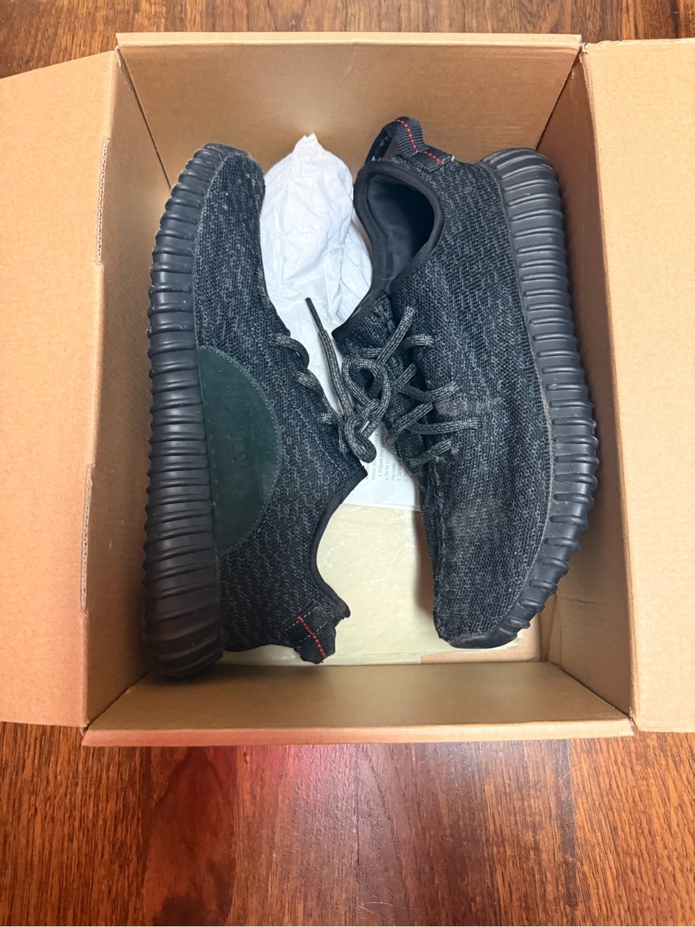 Yeezy Boost 350 Black Knit Lace-Up Sneakers with Subtle Red Heel Stitch